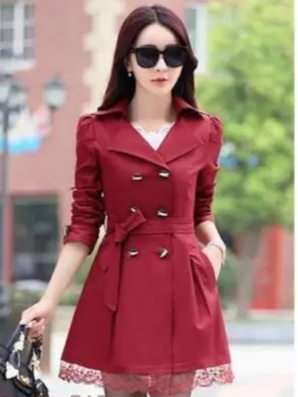 Women's Parka Lapel Double Breasted Belt Slim Fit Mid Long Trench Coat Jacket